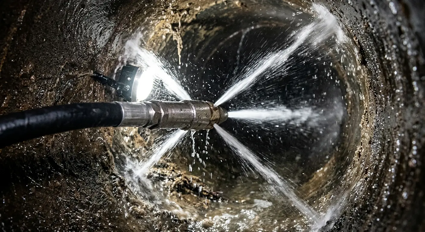 High-pressure hydro jetting nozzle cleaning sewer pipe for Trenchless Sewer Repair in Springfield