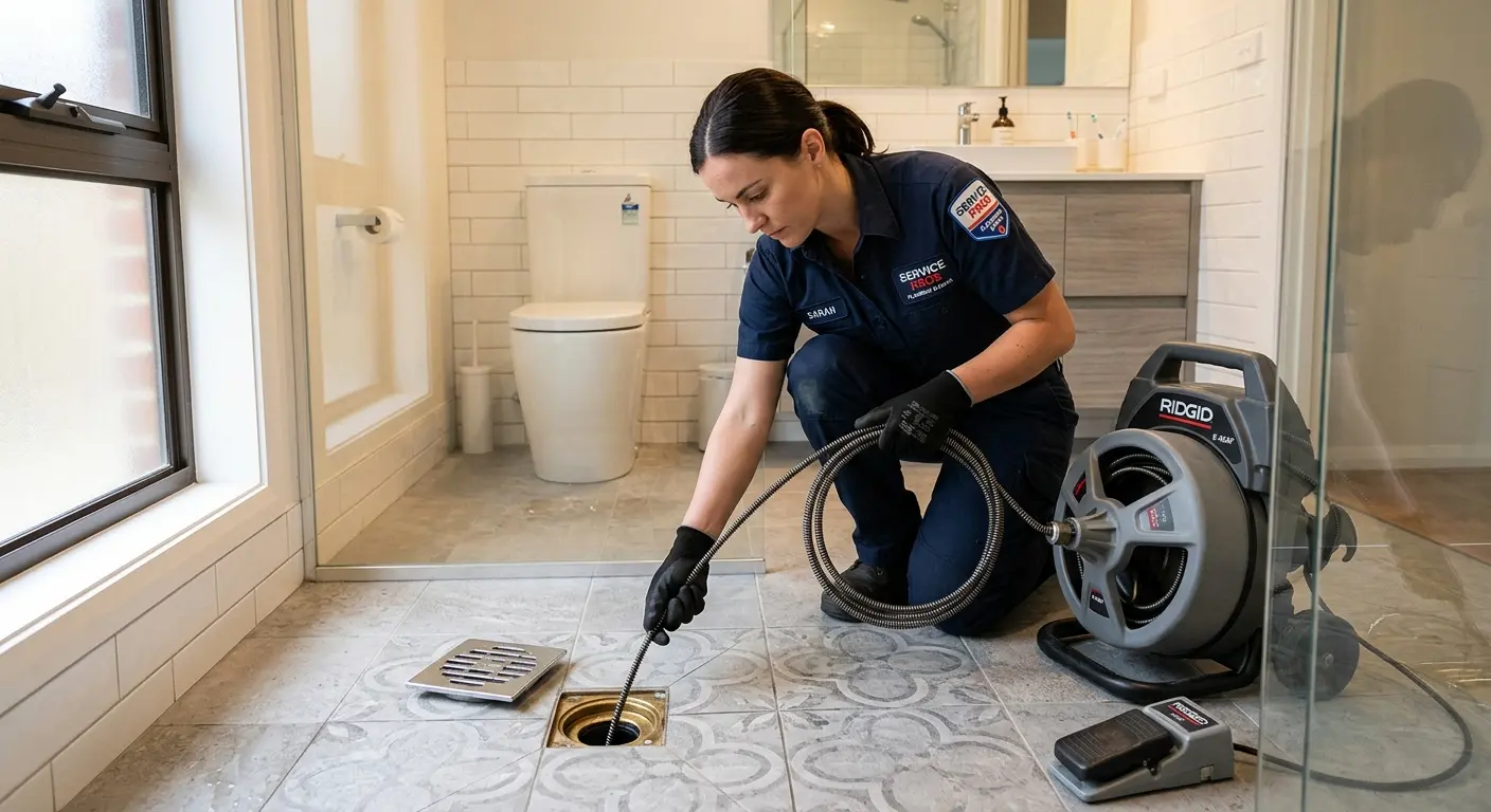 Technician clearing a bathroom floor drain for Drain Repair in Springfield